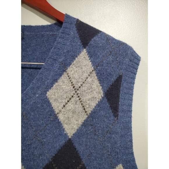 J Crew Vest Sweater Mens Large Blue Check Lambswool V Neck Classic Knit Pullover - Picture 6 of 11
